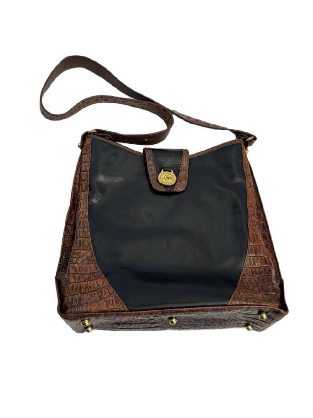 Brahmin Vintage Two Toned Tuscan Pecan Black Leather Brown Crocodile Purse Bag